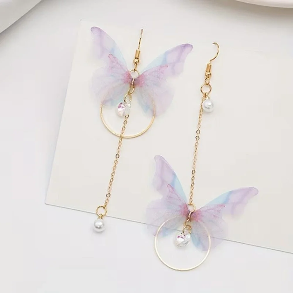Womens Purple Blue Organza Butterfly Asymmetrical Dangle Earrings Gold‎ Tone